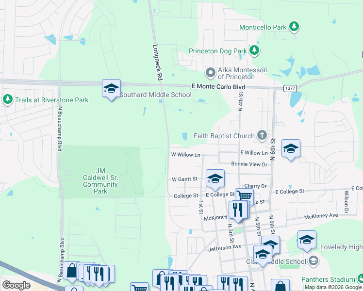 map of restaurants, bars, coffee shops, grocery stores, and more near 204 West Willow Lane in Princeton