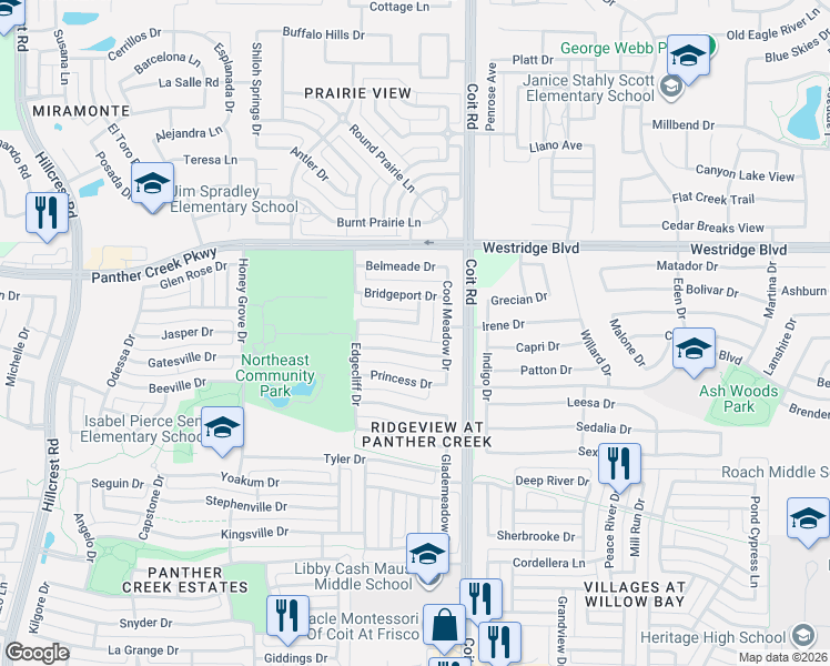 map of restaurants, bars, coffee shops, grocery stores, and more near 12490 Maplecrest Drive in Frisco