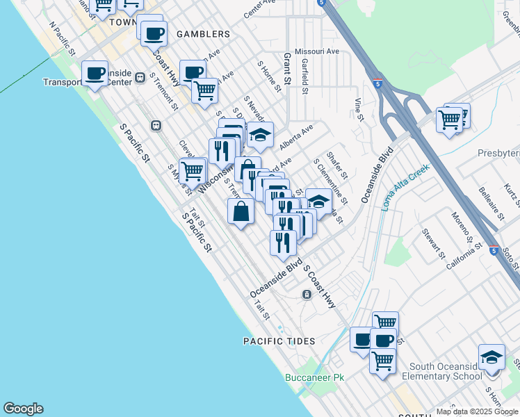 map of restaurants, bars, coffee shops, grocery stores, and more near 1009 South Coast Highway in Oceanside