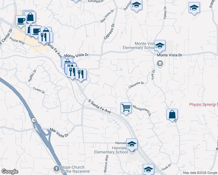 map of restaurants, bars, coffee shops, grocery stores, and more near 1305 Kelglen Lane in Vista