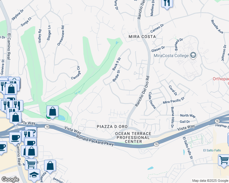 map of restaurants, bars, coffee shops, grocery stores, and more near 3333 Golfers Drive in Oceanside