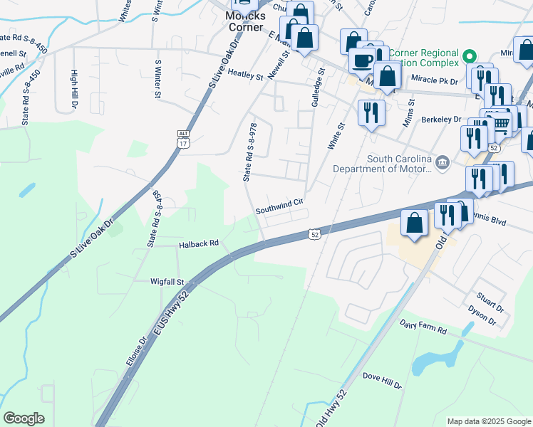 map of restaurants, bars, coffee shops, grocery stores, and more near 344 State Road S-8-978 in Moncks Corner