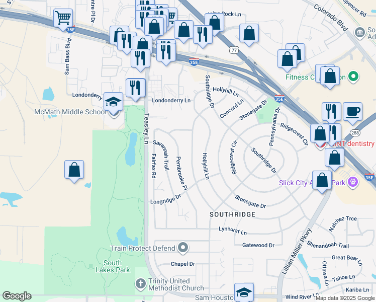 map of restaurants, bars, coffee shops, grocery stores, and more near 2121 Woodbrook Street in Denton