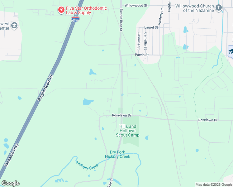 map of restaurants, bars, coffee shops, grocery stores, and more near 2935 South Bonnie Brae Street in Denton