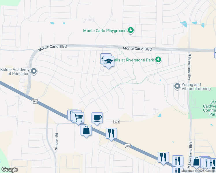 map of restaurants, bars, coffee shops, grocery stores, and more near 3101 Winding Meadow Trail in Princeton