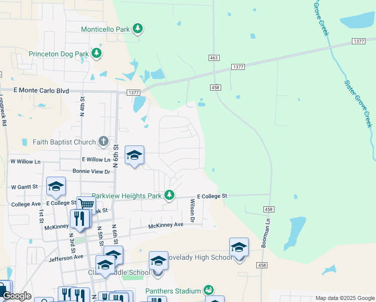 map of restaurants, bars, coffee shops, grocery stores, and more near 1009 Dye Boulevard in Princeton