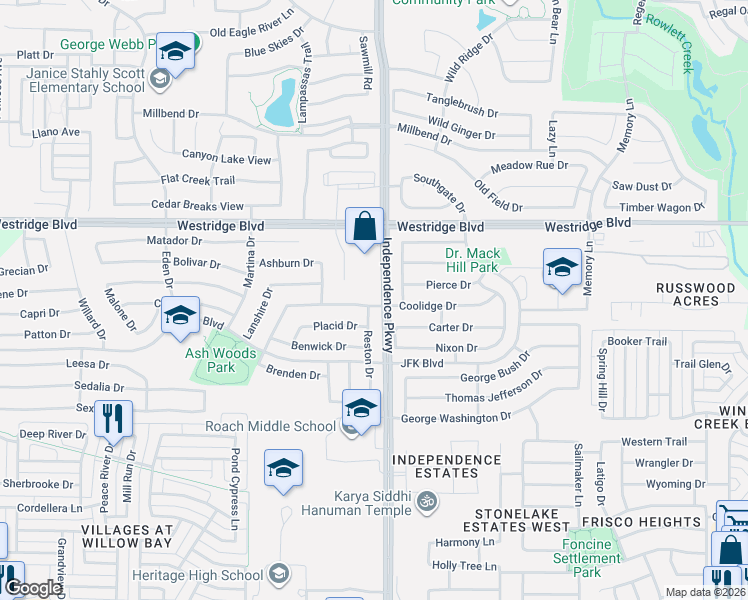 map of restaurants, bars, coffee shops, grocery stores, and more near 10109 Coolidge Drive in McKinney