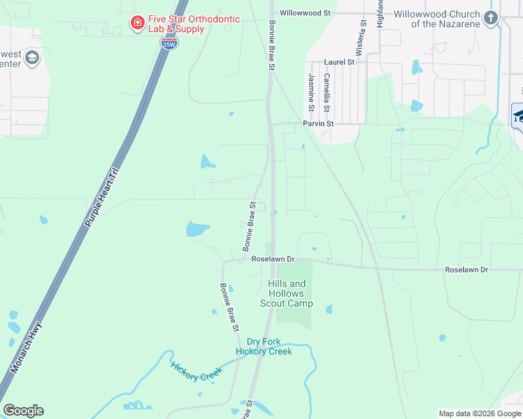 map of restaurants, bars, coffee shops, grocery stores, and more near 2935 South Bonnie Brae Street in Denton