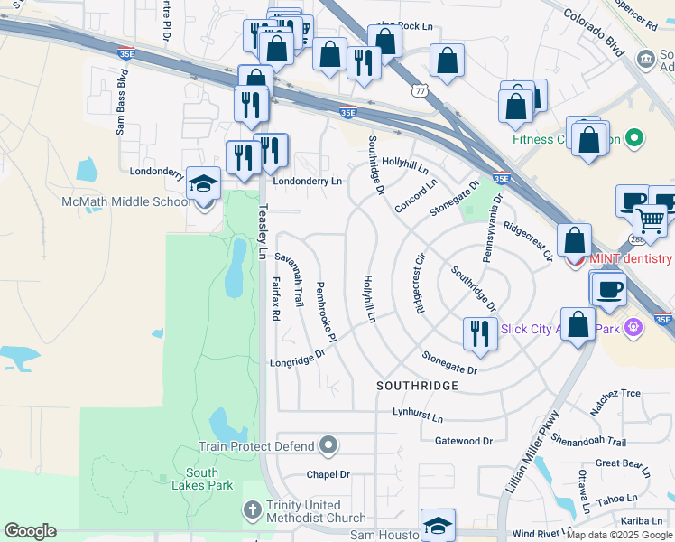 map of restaurants, bars, coffee shops, grocery stores, and more near 2121 Woodbrook Street in Denton