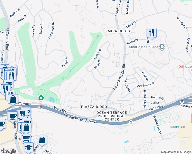 map of restaurants, bars, coffee shops, grocery stores, and more near 3333 Golfers Drive in Oceanside