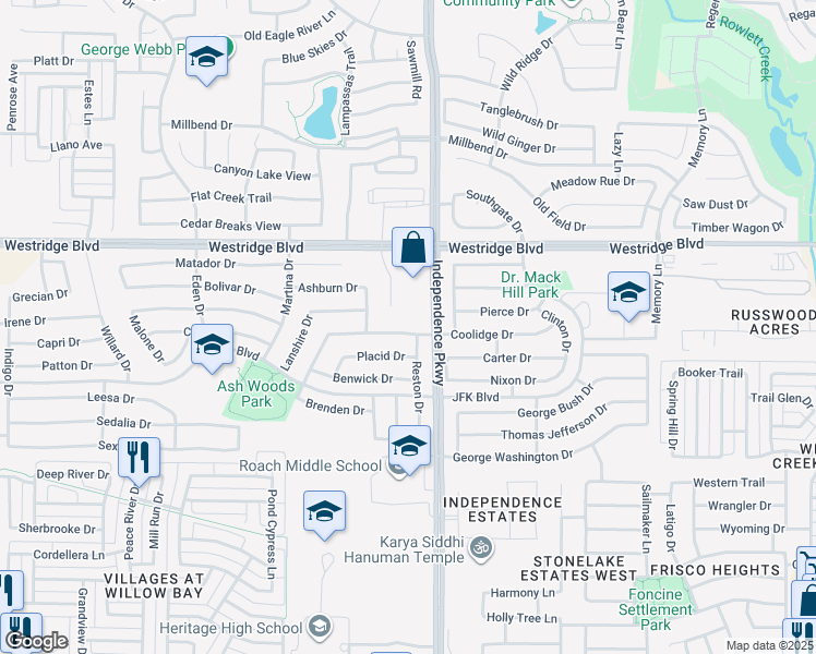 map of restaurants, bars, coffee shops, grocery stores, and more near 10108 Coolidge Drive in McKinney