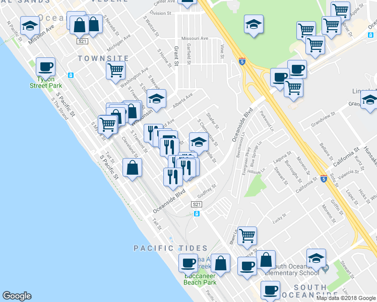 map of restaurants, bars, coffee shops, grocery stores, and more near 710 Eucalyptus Street in Oceanside