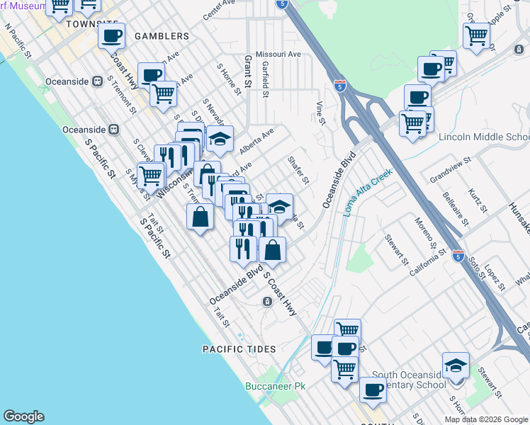 map of restaurants, bars, coffee shops, grocery stores, and more near 710 Eucalyptus Street in Oceanside