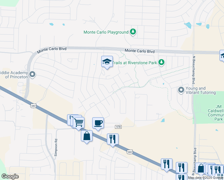 map of restaurants, bars, coffee shops, grocery stores, and more near 3101 Winding Meadow Trail in Princeton