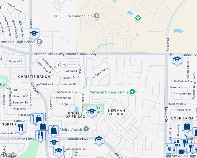 map of restaurants, bars, coffee shops, grocery stores, and more near 3544 Spruce Hills Street in Frisco