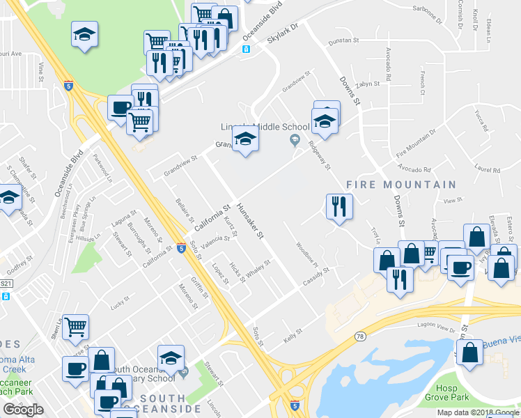 map of restaurants, bars, coffee shops, grocery stores, and more near 1524 Hunsaker Street in Oceanside