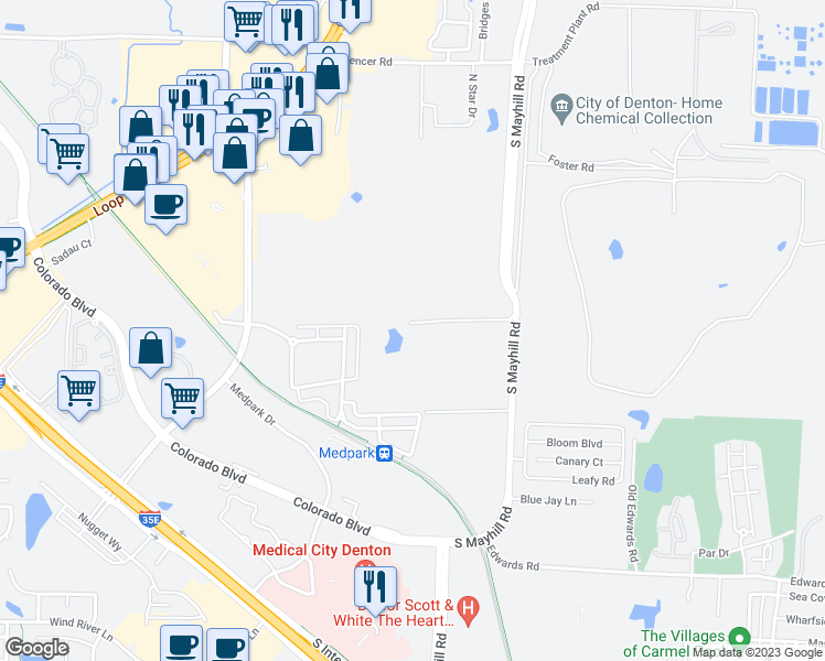 map of restaurants, bars, coffee shops, grocery stores, and more near 2100 South Mayhill Road in Denton