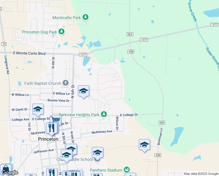 map of restaurants, bars, coffee shops, grocery stores, and more near 1009 Dye Boulevard in Princeton