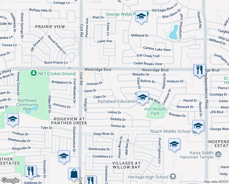 map of restaurants, bars, coffee shops, grocery stores, and more near 10700 Capri Drive in McKinney