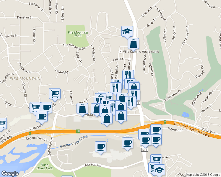 map of restaurants, bars, coffee shops, grocery stores, and more near 2239 Via Esmarca in Oceanside