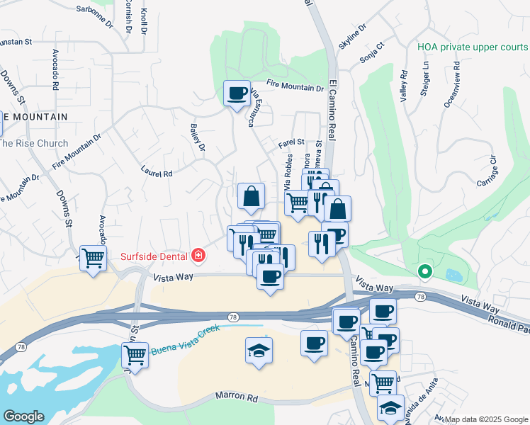 map of restaurants, bars, coffee shops, grocery stores, and more near 2239 Via Esmarca in Oceanside