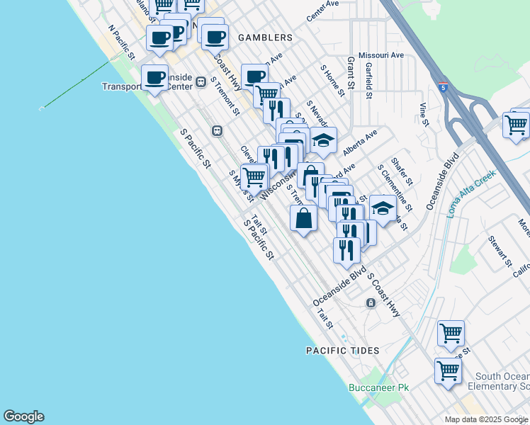 map of restaurants, bars, coffee shops, grocery stores, and more near in Oceanside
