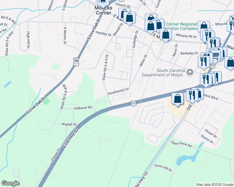 map of restaurants, bars, coffee shops, grocery stores, and more near 344 State Road S-8-978 in Moncks Corner