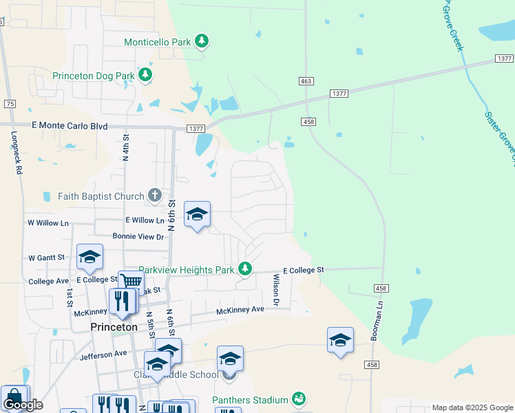 map of restaurants, bars, coffee shops, grocery stores, and more near 1009 Dye Boulevard in Princeton
