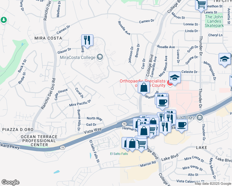 map of restaurants, bars, coffee shops, grocery stores, and more near 3564 Meadow Lane in Oceanside