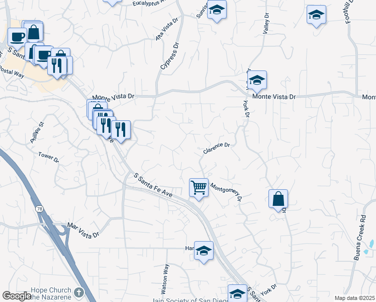 map of restaurants, bars, coffee shops, grocery stores, and more near 1250 Barbara Drive in Vista