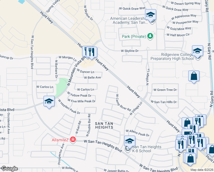 map of restaurants, bars, coffee shops, grocery stores, and more near 33800 North Cherry Creek Road in Queen Creek
