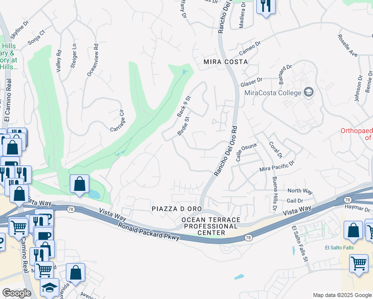 map of restaurants, bars, coffee shops, grocery stores, and more near 3335 Tournament Drive in Oceanside