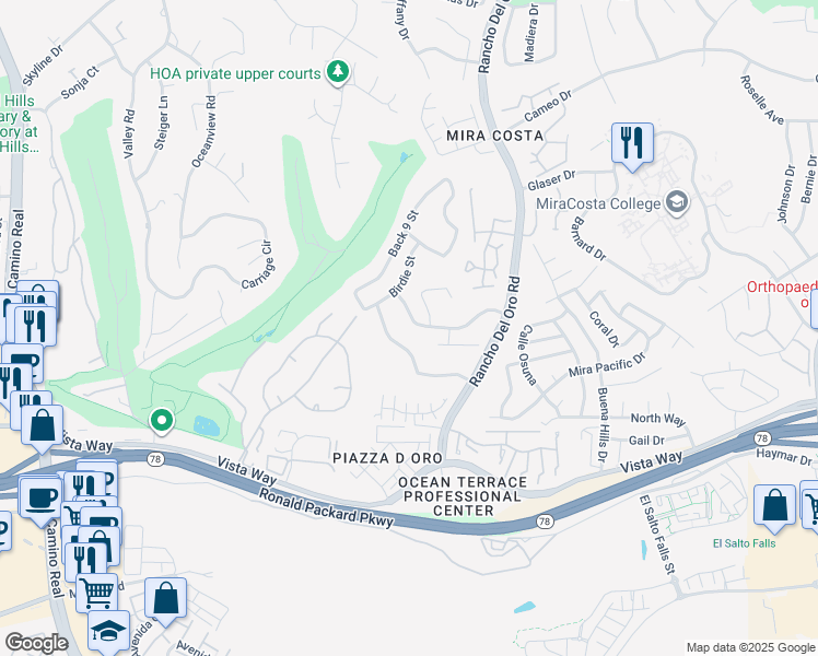 map of restaurants, bars, coffee shops, grocery stores, and more near 3335 Tournament Drive in Oceanside