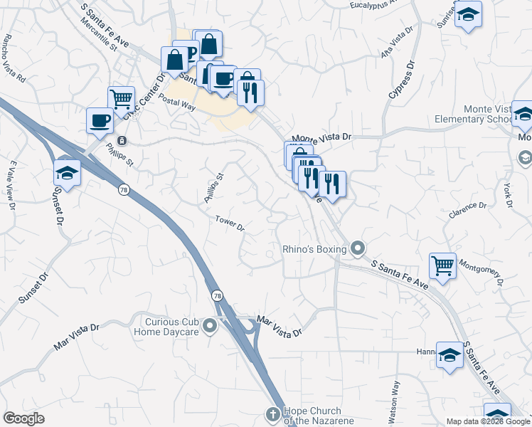 map of restaurants, bars, coffee shops, grocery stores, and more near 1245 Phillips Street in Vista