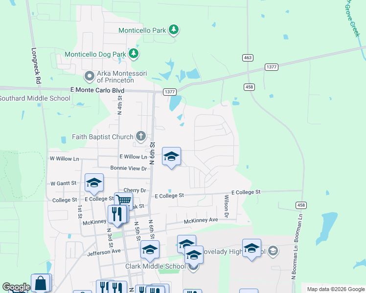 map of restaurants, bars, coffee shops, grocery stores, and more near 1003 Dye Boulevard in Princeton