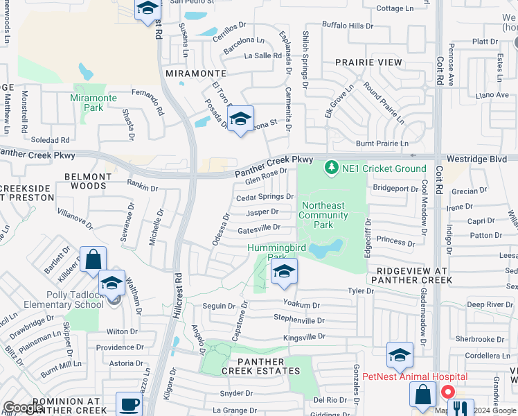 map of restaurants, bars, coffee shops, grocery stores, and more near 11458 Jasper Drive in Frisco