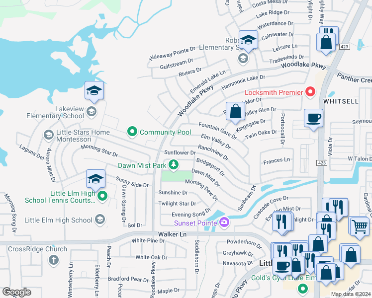 map of restaurants, bars, coffee shops, grocery stores, and more near 2332 Ranchview Drive in Little Elm