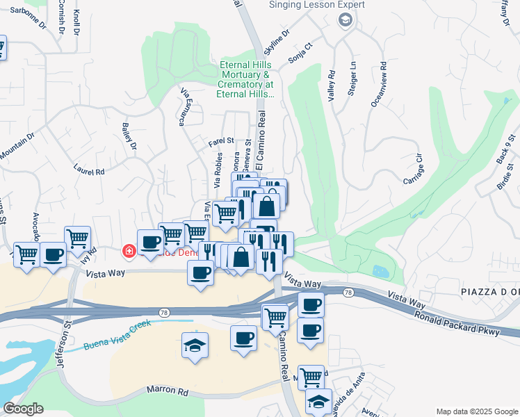map of restaurants, bars, coffee shops, grocery stores, and more near 2249 El Camino Real in Oceanside