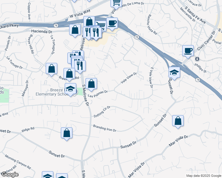map of restaurants, bars, coffee shops, grocery stores, and more near 709 Las Palmas Drive in Vista