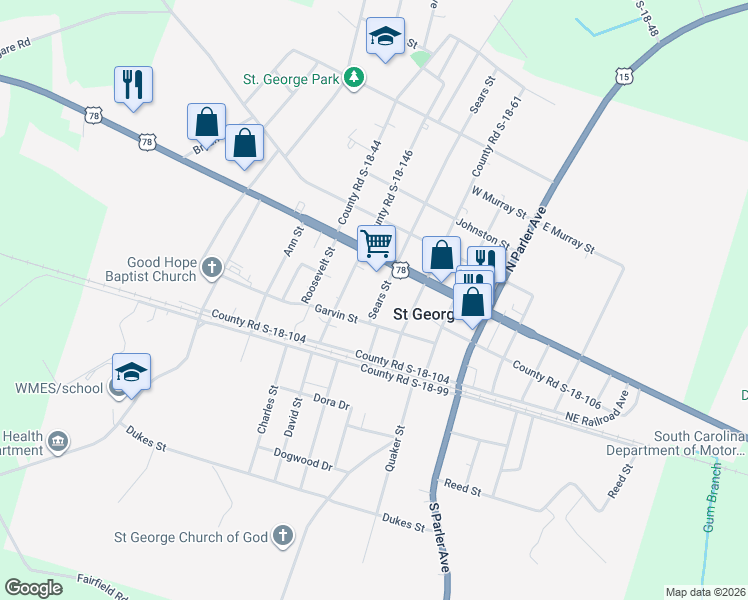 map of restaurants, bars, coffee shops, grocery stores, and more near 217 Sears Street in Saint George