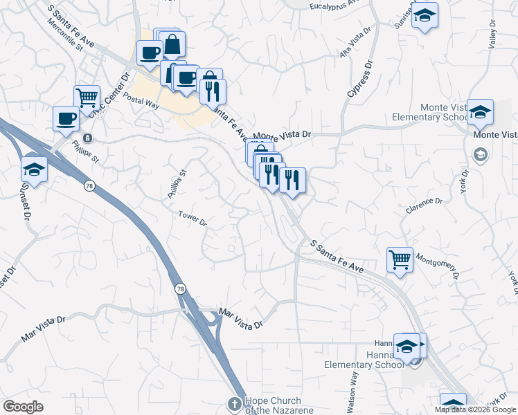 map of restaurants, bars, coffee shops, grocery stores, and more near 1327 Kilby Lane in Vista