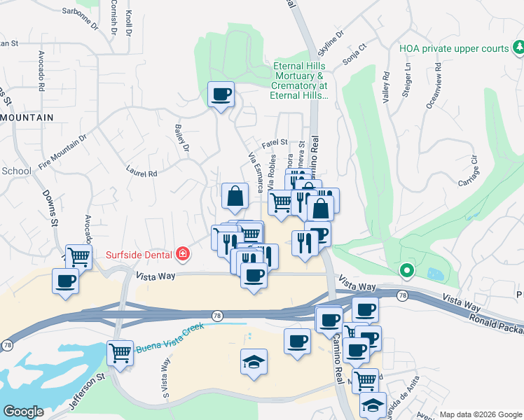 map of restaurants, bars, coffee shops, grocery stores, and more near 2239 Via Esmarca in Oceanside