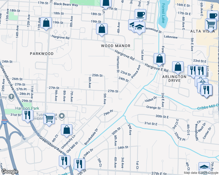 map of restaurants, bars, coffee shops, grocery stores, and more near 533 27th Street in Tuscaloosa