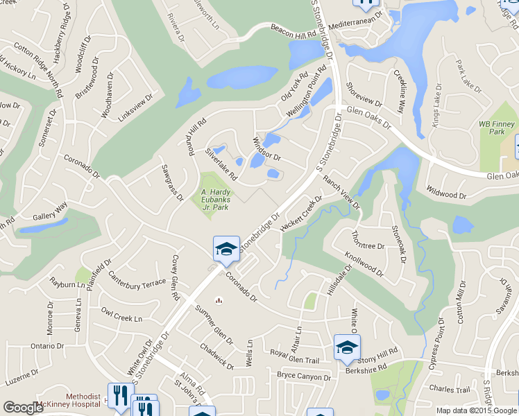 map of restaurants, bars, coffee shops, grocery stores, and more near 2089 South Stonebridge Drive in McKinney