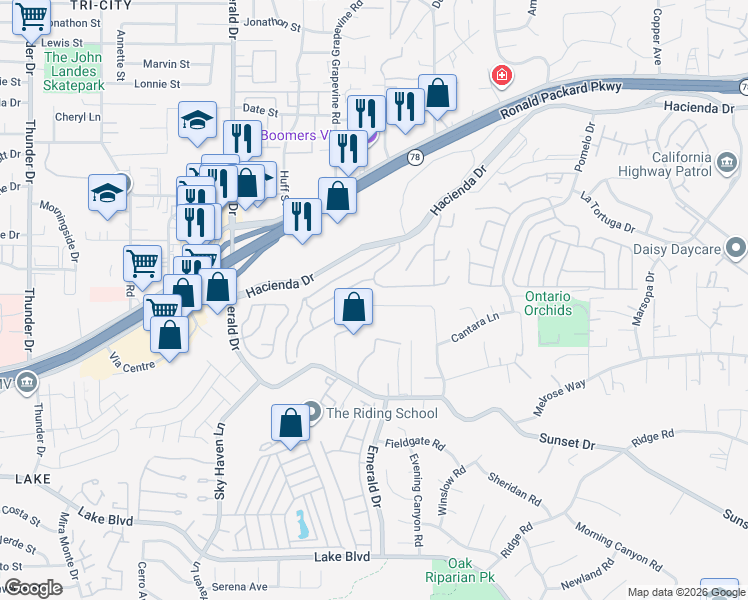 map of restaurants, bars, coffee shops, grocery stores, and more near 605 Aliento Court in Vista