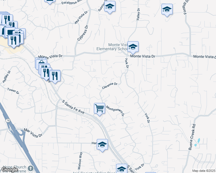 map of restaurants, bars, coffee shops, grocery stores, and more near 1356 Clarence Drive in Vista