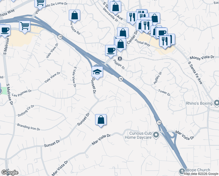 map of restaurants, bars, coffee shops, grocery stores, and more near 855 Rosemary Lane in Vista