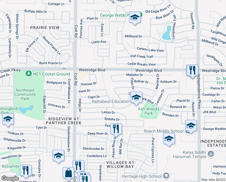 map of restaurants, bars, coffee shops, grocery stores, and more near 2112 Malone Drive in McKinney