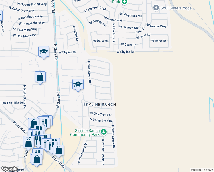 map of restaurants, bars, coffee shops, grocery stores, and more near 725 West Vineyard Plains Drive in Queen Creek