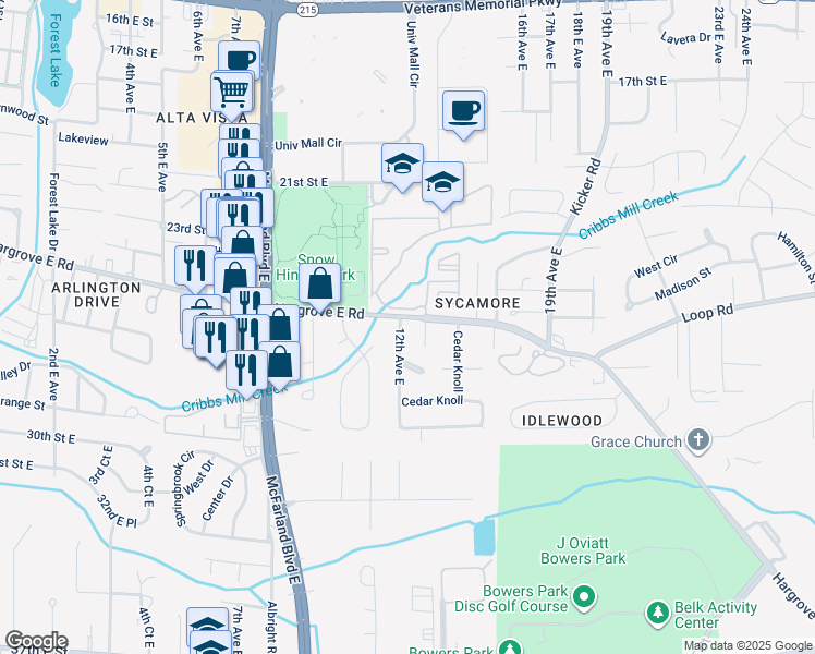 map of restaurants, bars, coffee shops, grocery stores, and more near 6 Elmira Drive in Tuscaloosa